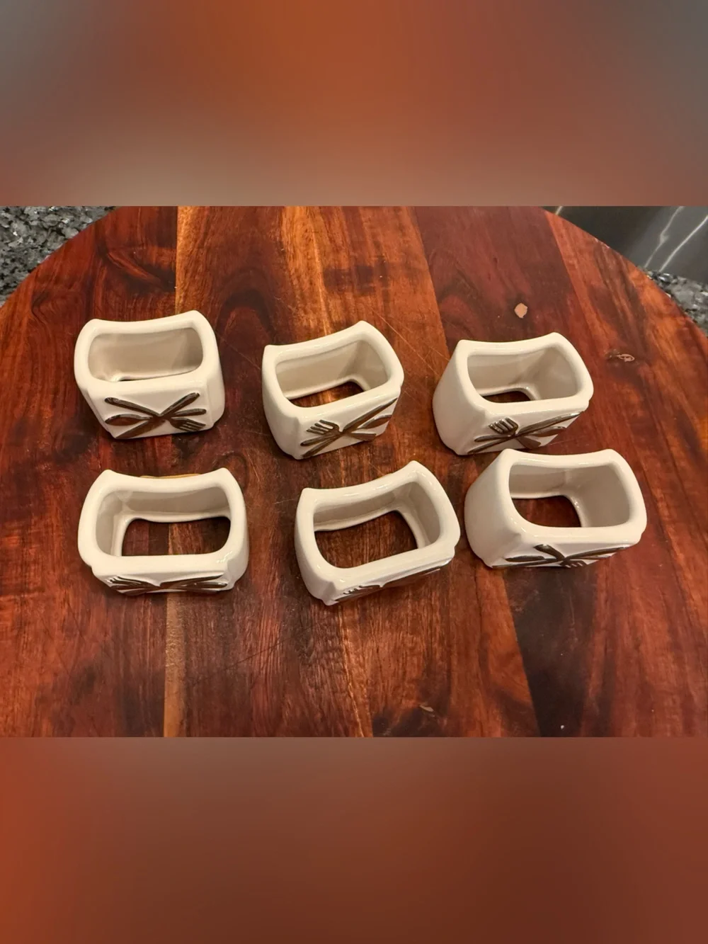 Set of 6 Ceramic Pottery Barn Napkin Ring Holders White Silver Fork Spoon New